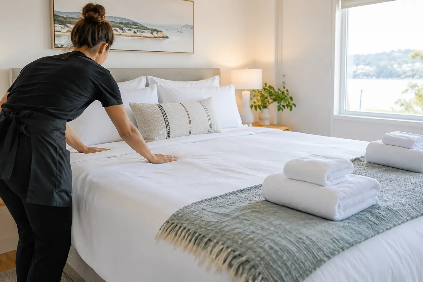 Vacation rental cleaner preparing a guest bedroom