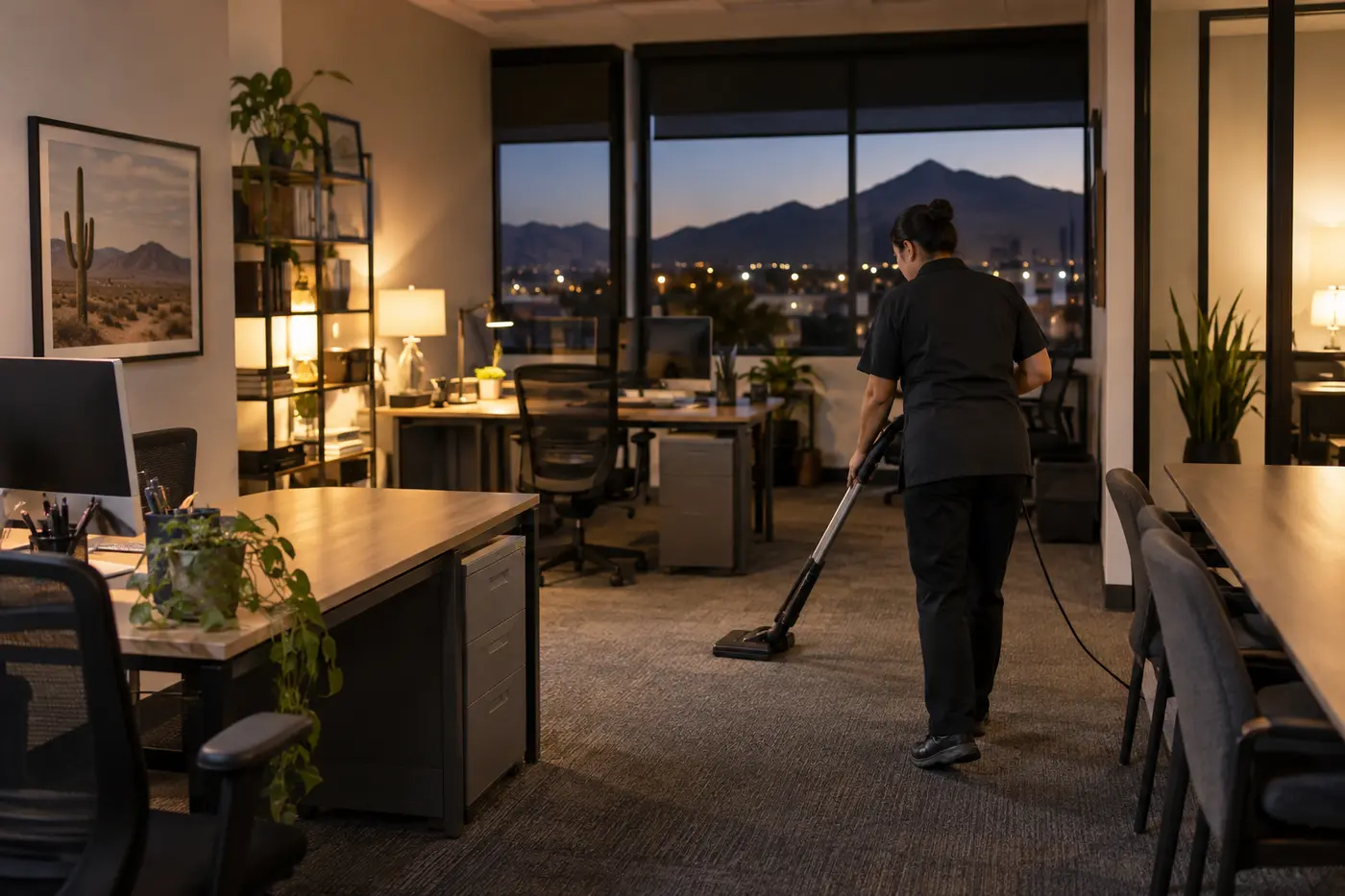 Professional cleaner vacuuming an office after hours