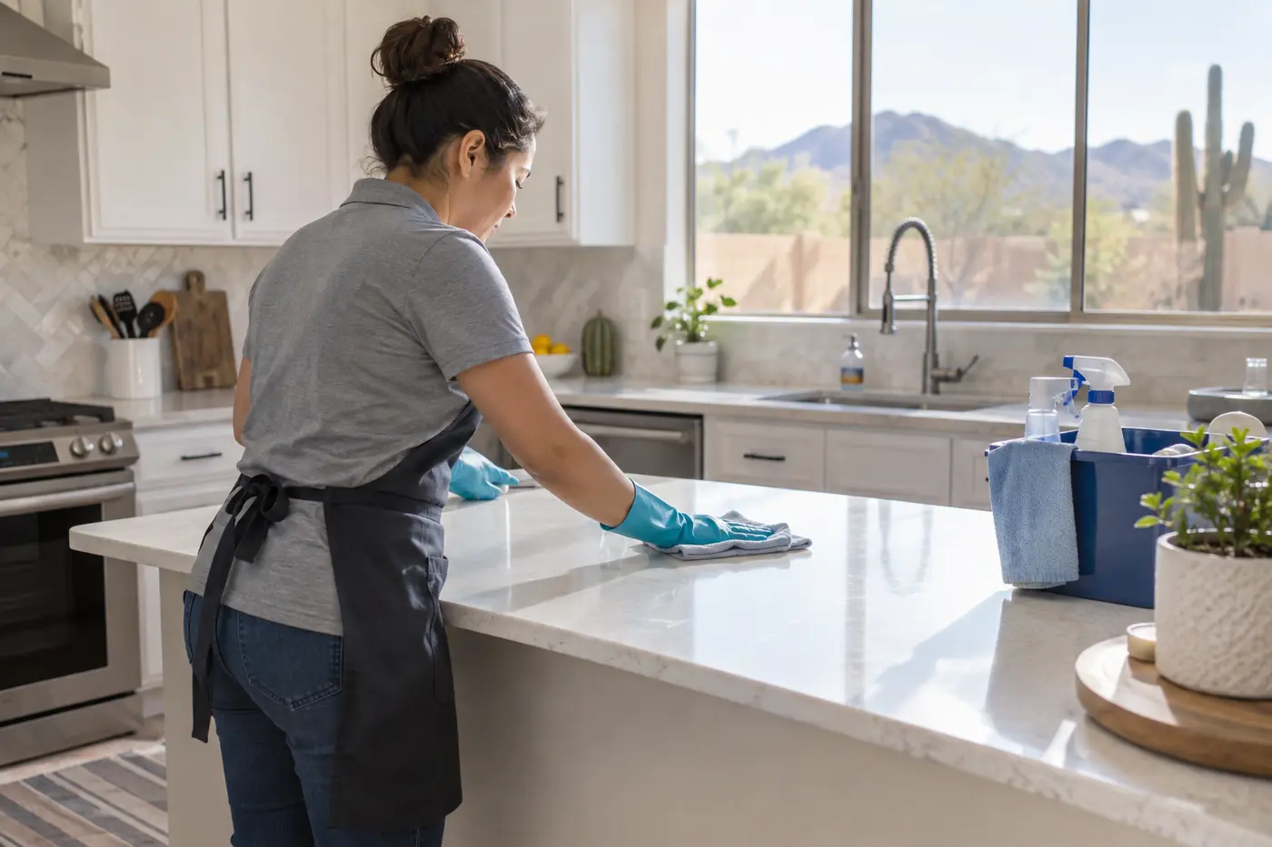 Professional cleaner wiping a residential kitchen counter